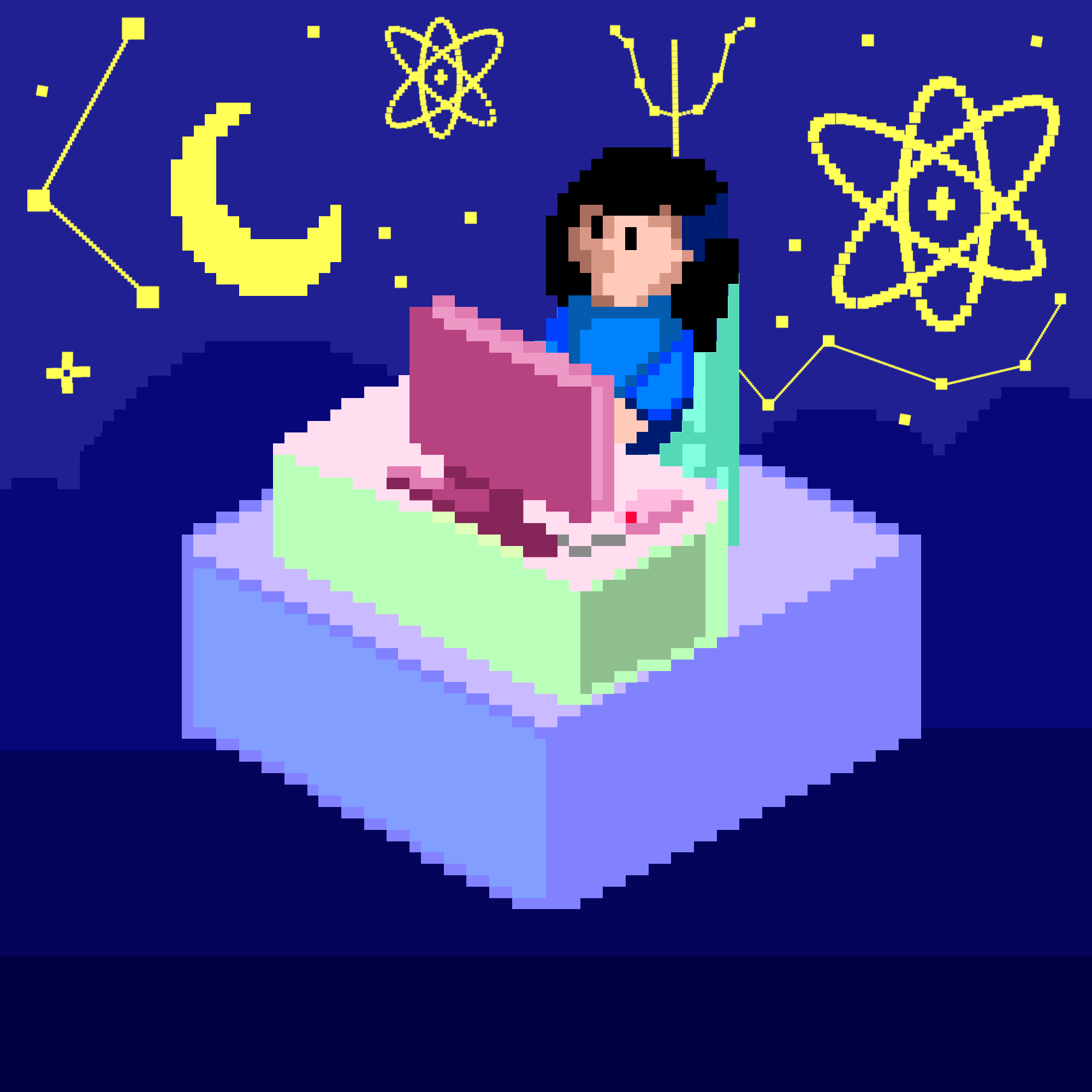Pixel art of a person coding at night